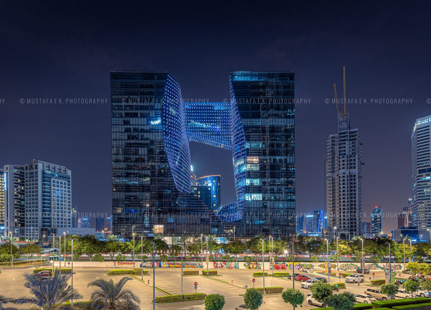 The Opus Omniyat Dubai Business Bay UAE hotel stock photography office architecture exterior detail focus closeup Kuwait Night 02